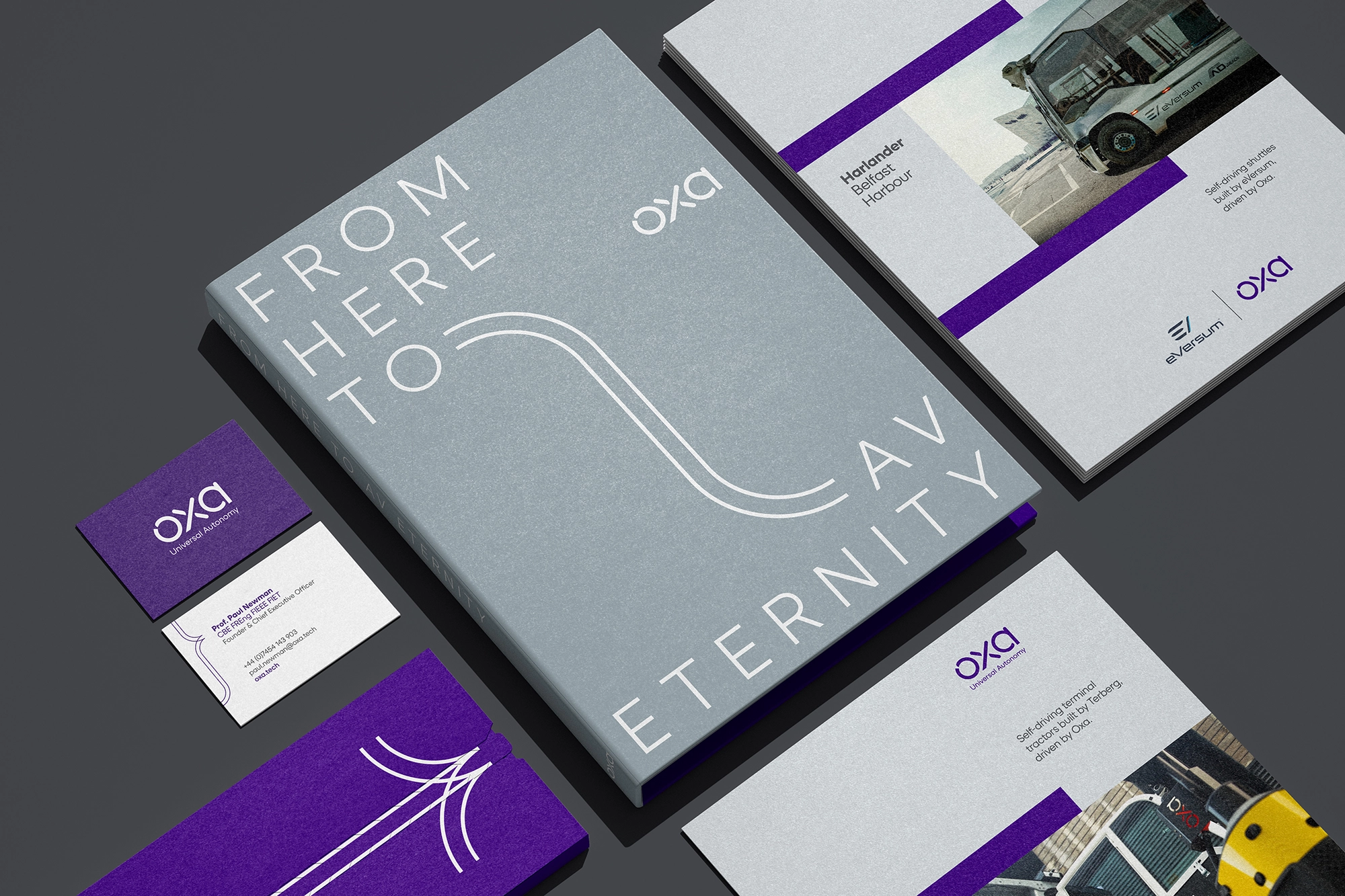 Oxa-Print Oxa print applications including a brand book, business cards and autonomous vehicle case study sheets.